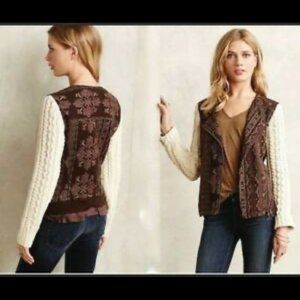 ANTHROPOLOGIE Lilka Hazan Moto Jacket Small  Brown Print Sweater White Sleeves